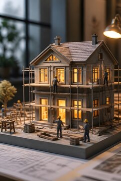 Miniature Model of House Under Construction with Workers