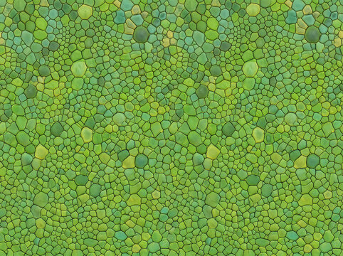 Close-up iguana skin texture with irregular green polygonal scales in lime, olive and turquoise tones, creating a vivid natural reptile pattern for backgrounds and design.