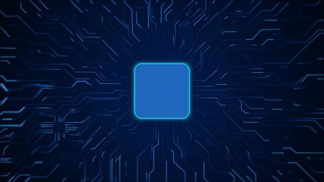 Blue circuit lines spread from a glowing rounded square in the center, creating a futuristic processor board with digital pathways, neon edges, and space for AI 19, computing, and data themes.