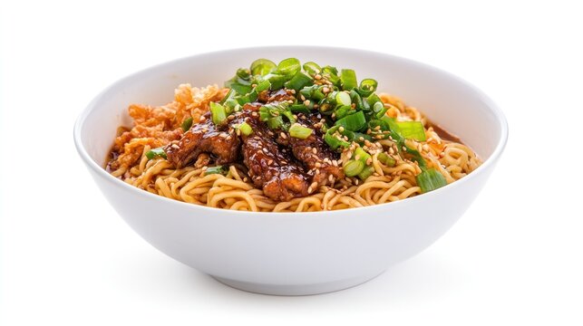 Savory Noodles Bowl: A delicious bowl of steaming noodles, topped with tender meat, fresh green onions, and sesame seeds, ready to be savored.