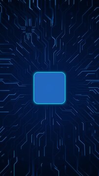 A luminous cyan chip panel connects to intricate blue circuit paths across a navy board forming a sleek electronic background for artificial intelligence, hardware, networks, software, and innovation.