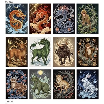 Chinese zodiac and mythological creatures illustration collection