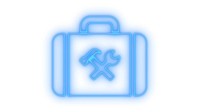 Colorful neon icon of a toolbox with crossed hammer and wrench representing repair construction and maintenance work isolated on transparent background