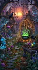 Fototapeta premium Enchanted Witch Cottage Garden Glowing with Cauldron at Twilight