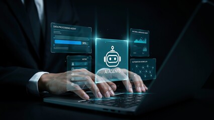 Fototapeta premium Businessman using AI software on laptop. Digital interface showing chatbot technology.