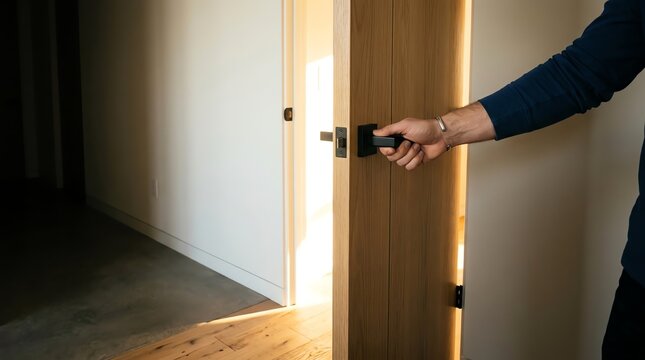 Man opening a modern wooden interior door with bright sunlight streaming into room