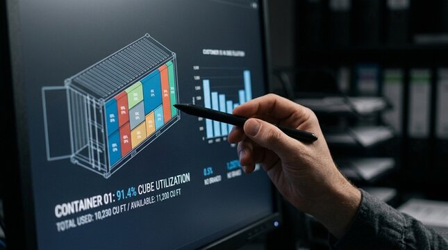 Load planner reviewing a completed cube utilization percentage