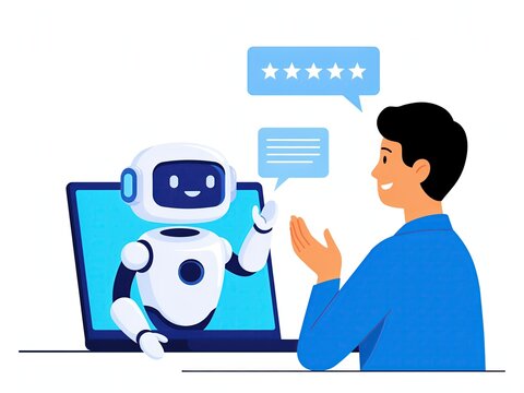 Man chatting with AI chatbot on laptop. Customer support automation with virtual assistant.