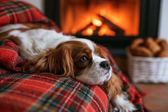 Dog cavalier spaniel puppy relaxing on a cozy warm blanket by a fireplace at home