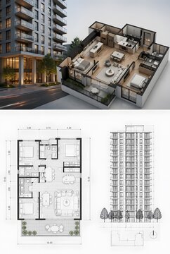 Modern Apartment Cutaway Architechtural Conceptual Rendering Interior Design Floorplan Blueprint