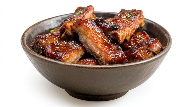 Glazed Pork Ribs in a Bowl: Succulent, glazed pork ribs are piled high in a rustic dark bowl, glistening with a rich sauce and sprinkled with sesame seeds.