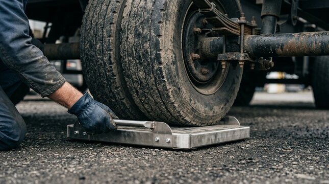 Worker sliding a portable wheel scale beneath a trailer axle