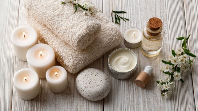 Beautiful spa treatment composition such as Towels, candles, essential oils, Massage Stones on light wooden background. blur living room, natural creams and moisturizing Healthy lifestyle, body care
