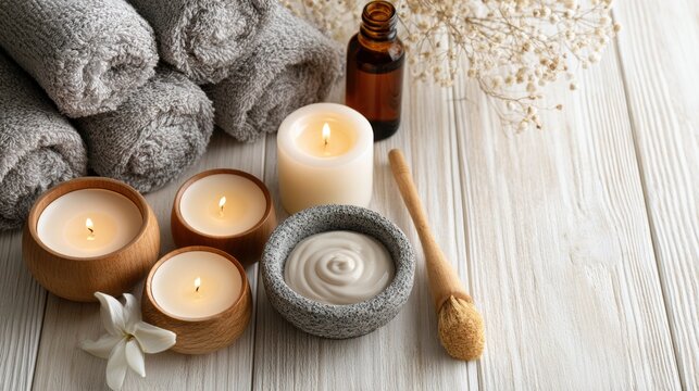Beautiful spa treatment composition such as Towels, candles, essential oils, Massage Stones on light wooden background. blur living room, natural creams and moisturizing Healthy lifestyle, body care