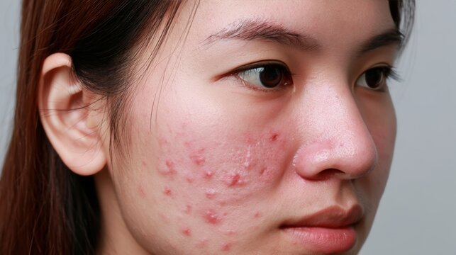 acne on woman face with rash skin, scar, and red skin syndrome allergic to cosmetics, use steroids, dermatology, inflammation, infection, hygiene