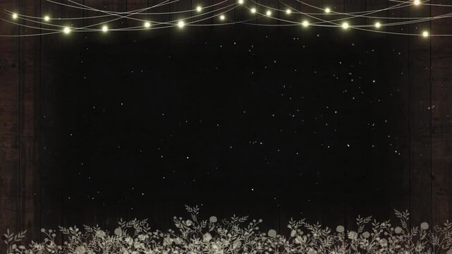 String lights hang above a textured surface covered in white flowers to provide a soft illumination.