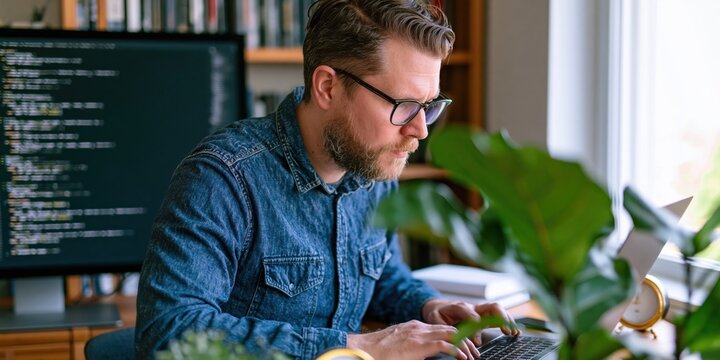 Developer and programmer working on computer coding in a home office desk setting