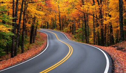 Fototapeta premium Road with winding asphalt curve through dense forest with colorful autumn foliage