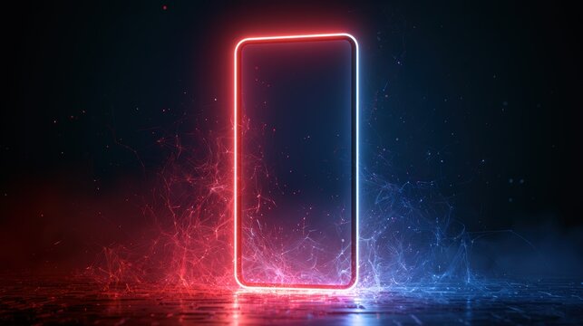 Smartphone on technology background. Neon glowing mobile phone on abstract dark background. Futuristic network connection
