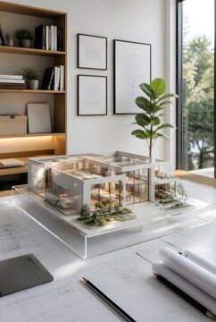 Modern Architectural Model with Plans and Drafting Tools