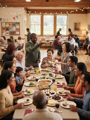 Obraz premium Diverse group of people enjoying a communal meal together in a bright hall.