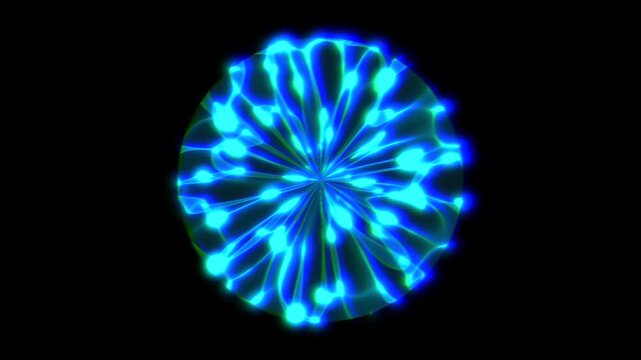 Blue bright and glowing energy plasma sphere animation on black background