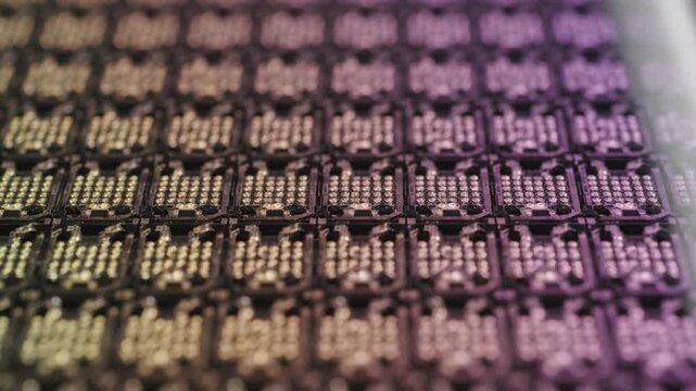 Microchips arranged in a precise grid pattern demonstrate the advanced manufacturing process of modern semiconductor wafers used in high-performance computing hardware and electronic device.