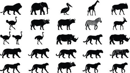 African safari wildlife and wild animals black silhouette icons set featuring lion tiger elephant giraffe zebra rhinoceros cheetah buffalo ostrich and pelican elements. © MdRobiul