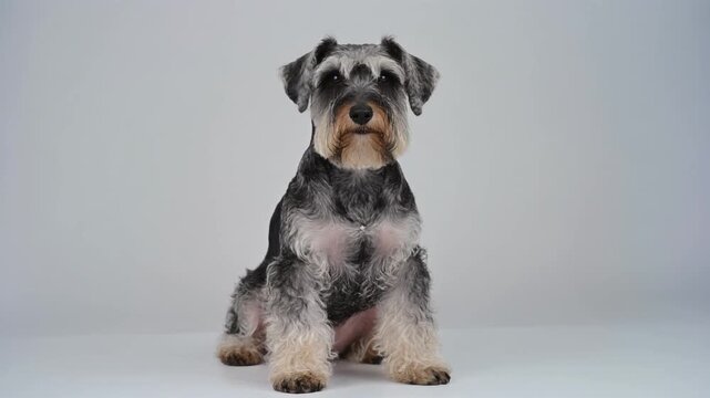 Freshly Groomed Salt and Pepper Miniature Schnauzer Sitting Elegantly with Trimmed Beard