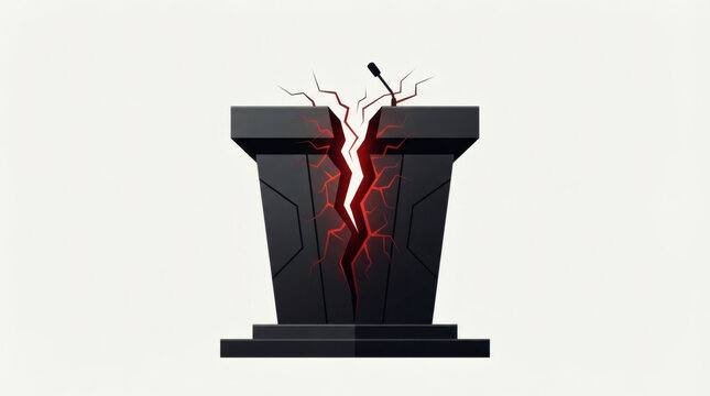 Conceptual vector illustration of a massive abstract fissure splitting a political podium, social division and public polarization during state elections