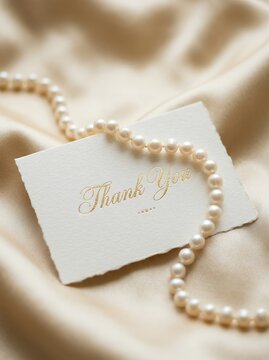 Elegant Pearl Necklace and Thank You Card on Silk Fabric.