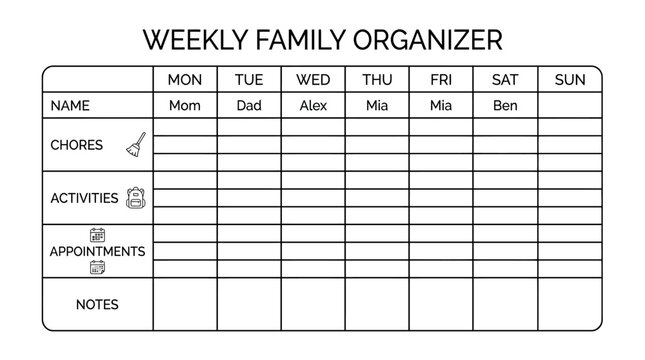 Weekly family planner template for home organization and routine management