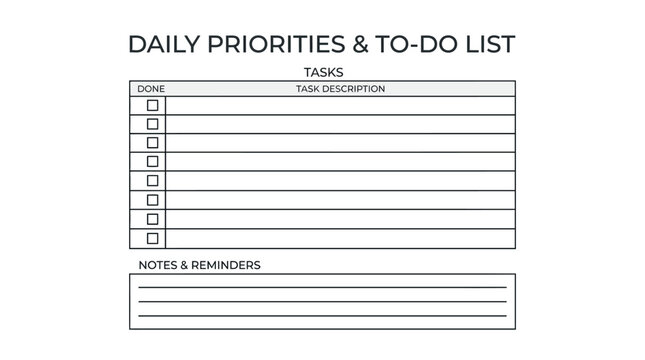 Minimalist and professional daily task list template for productivity planning