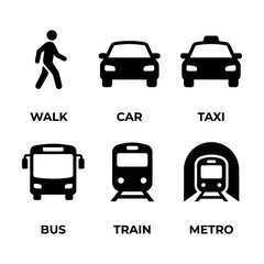 Set of black transport and travel icons featuring walking person car taxi bus train and metro Vector © azad