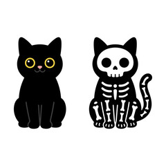Cute black cat and a spooky skeleton cat cartoon vector illustration for halloween celebration Vector © azad
