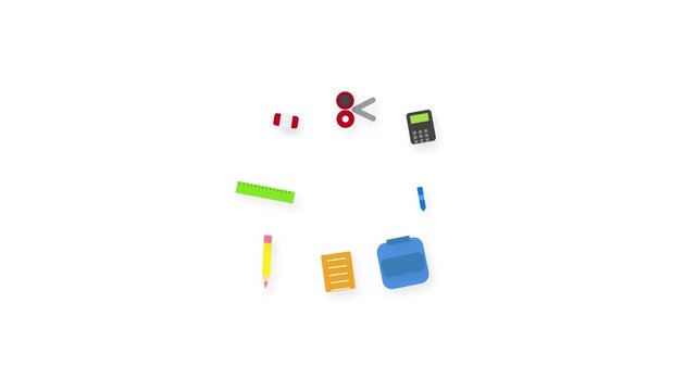Set of colorful school and office stationery items arranged in a circle on white background.