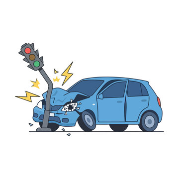 Blue car crash into a traffic light pole on the road Vector