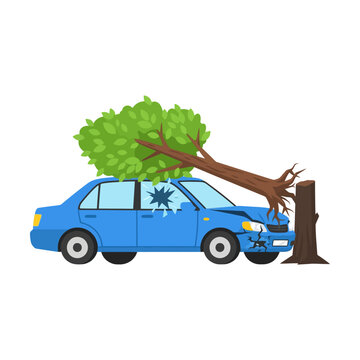Blue sedan car crashed into a tree with broken windshield glass and damaged front bumper Vector