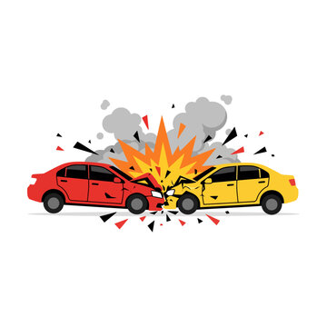 Red and yellow sedan cars colliding in a dramatic road traffic accident with smoke and explosion Vector