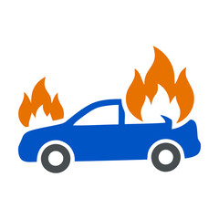 Blue pickup truck on fire icon showing a vehicle in flames representing an accident or hazard Vector © azad