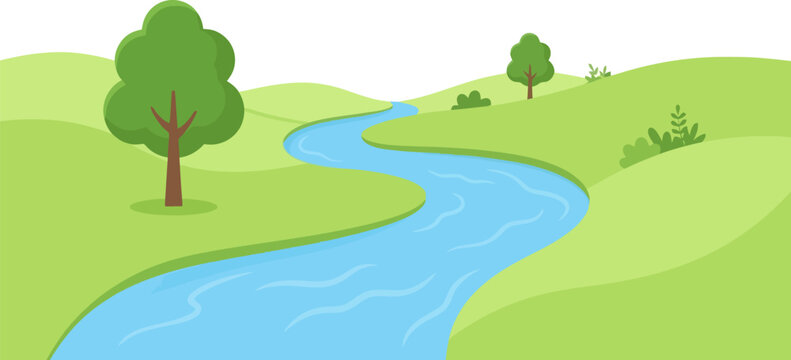 A peaceful winding river flowing through green grassy hills with trees in a flat vector style Vector
