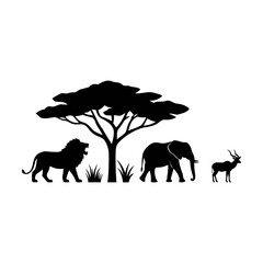 Black silhouette of a lion elephant and antelope standing under an acacia tree in the savannah Vector
