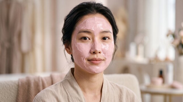Young Asian woman wearing pink clay facial mask, home spa skincare portrait, realistic style, soft lighting.