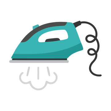 Blue electric clothes iron releasing steam for ironing laundry and household chores illustration Vector
