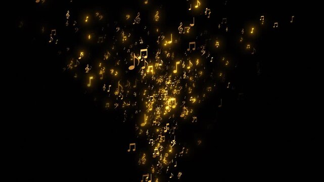 Radiant golden music symbols float across a dark background creating a rhythmic spiral of notes, clefs, and glowing accents for orchestras, festivals, singers, soundtracks, and creative presentations.