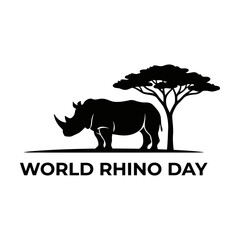 World rhino day logo with black silhouette of a rhinoceros standing under an acacia tree Vector © azad