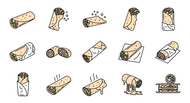 breakfast burrito vector set flat line art illustration collection of delicious mexican food wraps bitten halves steaming hot and dripping sauce for restaurant menu graphic design