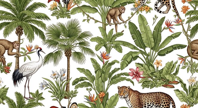 Seamless tropical pattern with monkeys leopards and birds