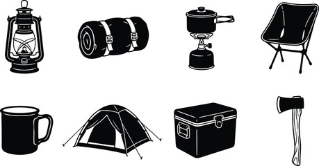 Camping and hiking equipment vector illustration collection containing detailed icons of tent lantern chair and backpack isolated on white background © MdRobiul