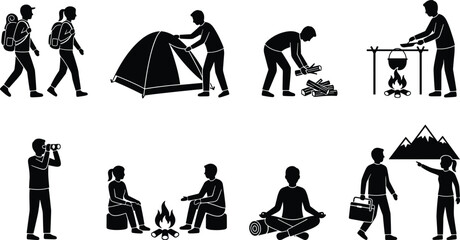 Camping and outdoor adventure people vector silhouette icons set featuring hiking trekking setting tent cooking over campfire isolated on white background © MdRobiul